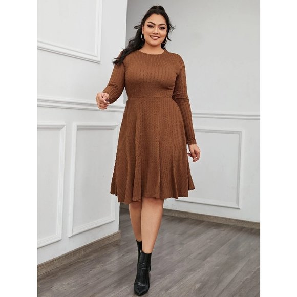 SHEIN CURVE BROWN RIBBED FIT & FLARE DRESS SIZE 3XL - Picture 1 of 12